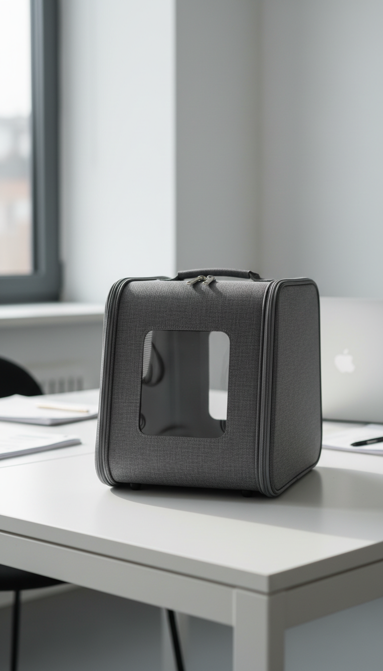 A close-up, photographic shot of a modern, passport-style dog carrier crafted from textured, slate-grey woven fabric with structured sides and subtle metallic zippers. The carrier is set on a sleek, white, minimalist table in a bright, uncluttered office environment with faintly visible documents and a polished laptop in the softly blurred background. Gentle, diffused natural light from a nearby window creates delicate shadows and elevates the clean contours of the carrier. The mood is professional and efficient, conveying readiness for travel and careful organization. The composition uses rule of thirds for visual interest, maintaining a clean, corporate aesthetic relevant to a shelter database site for international dog transport.