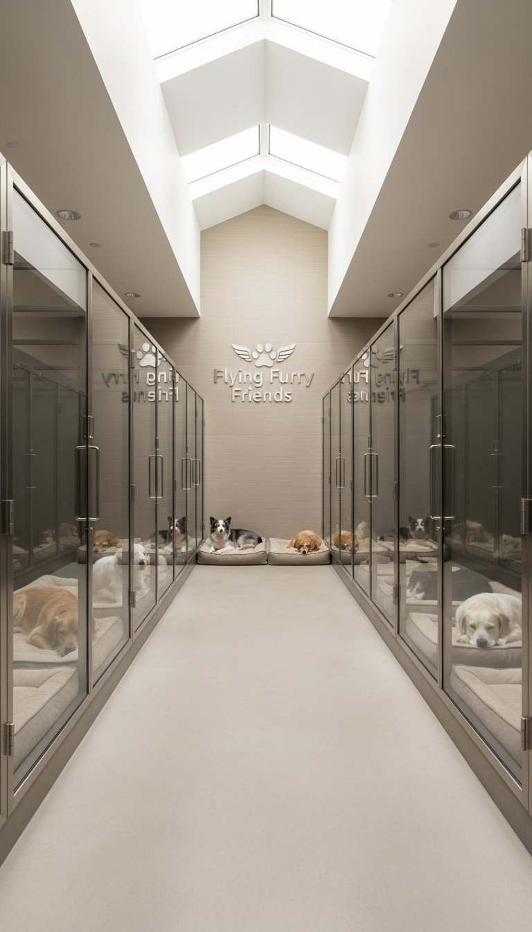 A refined, spacious kenneling area with sleek glass-fronted enclosures housing a diverse range of well-groomed dogs, each comfortably resting on plush, neutral-toned bedding. The environment is immaculate and thoughtfully organized, featuring brushed metal fixtures and subtle beige accents along the walls. Soft, diffused daylight pours in from unobtrusive overhead skylights, casting gentle highlights and enhancing the crisp, clean lines of the architecture. The atmosphere is calm, professional, and welcoming, embodying trust and reliability. Captured from an eye-level perspective with balanced, symmetrical framing and sharp focus throughout, the image presents a polished, photographic realism that aligns with a corporate, structured aesthetic. Perfect for communicating the modern and high-standard facilities highlighted by "Flying Furry Friends."