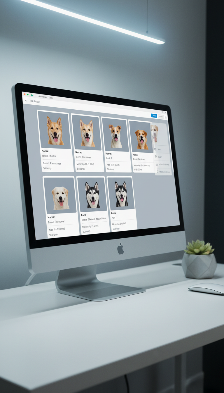 A pristine, structured digital database interface displayed on a sleek, high-resolution monitor with a metallic frame. The interface showcases neatly organized dog profiles with high-quality, passport-style images, clean sans-serif fonts, and soft neutral backgrounds. The monitor rests on an uncluttered desk featuring subtle grey tones, a wireless mouse, and a single succulent in a minimalist pot. Soft, cool artificial lighting highlights the clarity of the screen and the professional workspace. The overall mood is efficient, trustworthy, and forward-thinking. Captured from a slight side angle for depth, the image represents the seamless user experience of a professional shelter database with photographic realism.