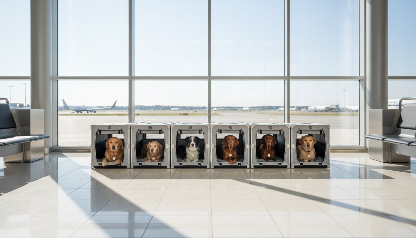 A bright, glass-enclosed airport arrivals lounge with immaculate, light-colored tile floors and modern, brushed metal accents. A calm group of clean, content dogs, each wearing a minimalist ID tag, reclines in softly padded travel crates placed in a neat, structured arrangement. Outside the glass, gentle midday sunlight filters through, casting crisp geometric shadows and enhancing the serene, professional ambiance. Captured at a mid-height angle with centered framing and balanced negative space, the image exudes efficiency, organization, and compassion. The photographic style uses neutral tones and a modern aesthetic, perfectly matching the tone of a shelter database website dedicated to dog transport logistics.