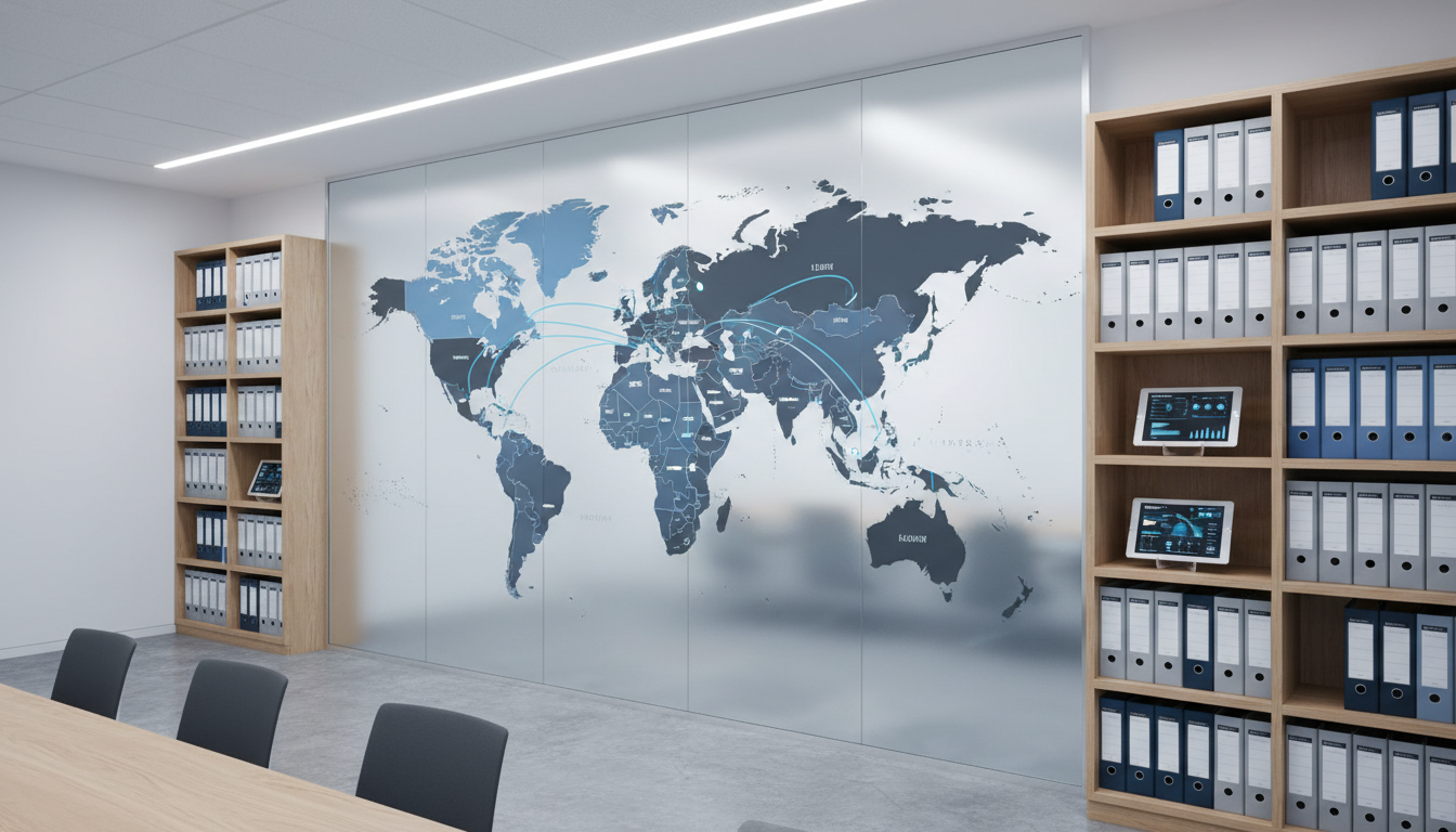 An elegant, large-format world map with highlighted air routes and pinpoint markers indicating global shelter locations, displayed on a frosted glass conference wall in a contemporary office space. The map itself is rendered with muted blue and grey tones and clean sans-serif typography, surrounded by neatly aligned shelves containing structured folders and digital tablets. Even, indirect overhead lighting creates an atmosphere of clarity and focus, with subtle reflections adding depth. Captured from a slightly angled perspective, the composition is structured yet dynamic, emphasizing the broad reach and connectedness of the database. The style is photographic realism with a sharp, corporate finish, symbolizing international logistics and organization.